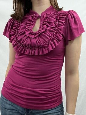 Willi Smith Deep Pink Ruffle Keyhole Blouse
